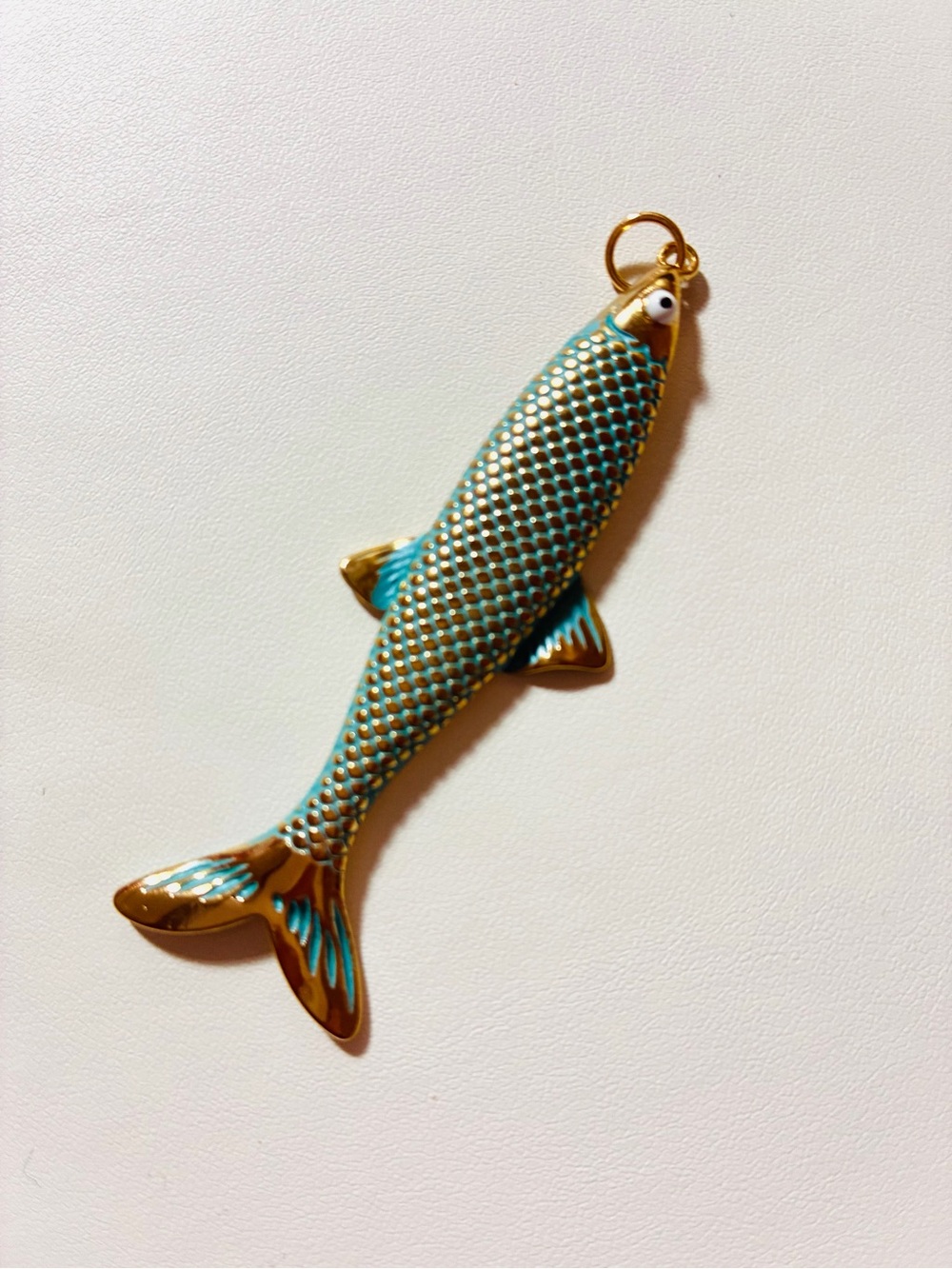 Gold & Teal Fish Charm Pendant - Accent. Fish is 7-CM equal to 3 Inches